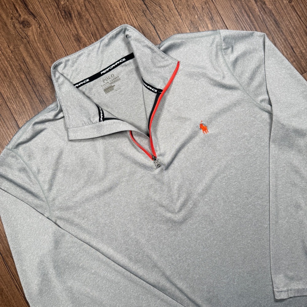 Polo by Ralph Lauren Light Gray Quarter-Zip Sweater with Red Trim